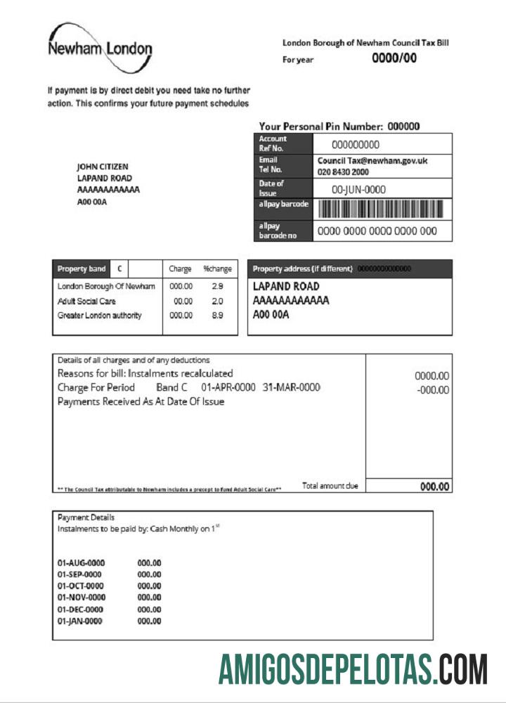 imprimível Modelo de projeto de lei de imposto municipal do Reino Unido Londres do bairro de Newham em formato Word e PDF